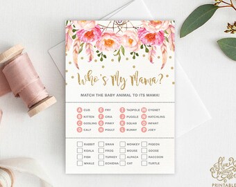 Pink Floral Baby Shower Printable Game. Who's My Mama Baby Animal Game. Pink Gold Boho Flower Dreamcatcher High Tea Baby Shower. FLO12A