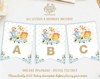 Jungle Safari Animals Baby Shower Printable Banner. Watercolor Blue Floral Birthday Party Decorations. ALL LETTERS & NUMBERS Bunting. JUN10