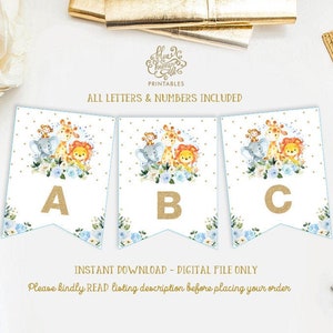 Jungle Safari Animals Baby Shower Printable Banner. Watercolor Blue Floral Birthday Party Decorations. ALL LETTERS & NUMBERS Bunting. JUN10