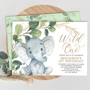 Greenery Elephant Wild One 1st Birthday INVITATION TEMPLATE. Tropical Jungle Printable Party Invite. Elephant Green Gold Download. GR1 image 1