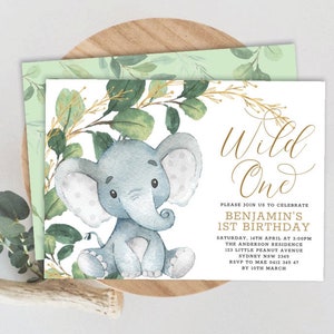 Greenery Elephant Wild One 1st Birthday INVITATION TEMPLATE. Tropical Jungle Printable Party Invite. Elephant Green Gold Download. GR1