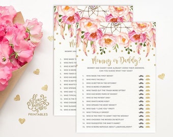 Mommy or Daddy Baby Shower Game. Pink and Gold Boho Floral Baby Printable Game. Mum or Dad Baby Shower Printable. Dreamcatcher. FLO12A