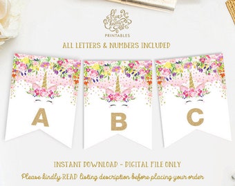 Unicorn Birthday Printable Banner. Unicorn Party Decorations. Baby Shower Pennant Flags.  Pink Gold Bunting. ALL LETTERS & NUMBERS. UNI9