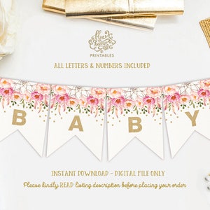Pink Floral Birthday Printable Banner. Pink Gold Boho Party Decorations. Baby Shower Pennant Flags Bunting. ALL LETTERS & NUMBERS. FLO12A