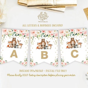 Girl Woodland Animals Baby Shower Printable Banner. Blush Pink Gold Floral Birthday Party Decorations. Forest Flower Bunting. WOOD15