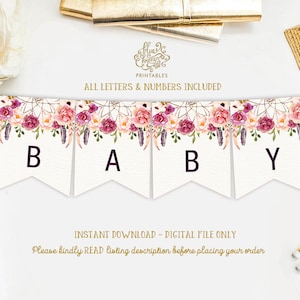 Rustic Floral Baby Shower Printable Banner. Wild One Birthday Party Decoration. Boho Pennant Flags Bunting. ALL LETTERS & NUMBERS. FLO13 image 1