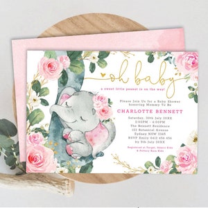 Girl Elephant Baby Shower Invitation Template. Hot Pink Blush Floral Roses Jungle Wild One. Greenery Baby Girl Printable Invite. EL10
