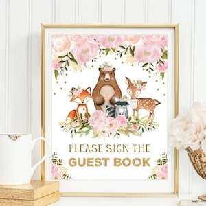 Signo del libro de visitas de Girl Woodland. Decoración Imprimible de Baby Shower Floral Rosa. Decoración de consejos y deseos de animales del bosque de oro rosa rubor. FLO18G