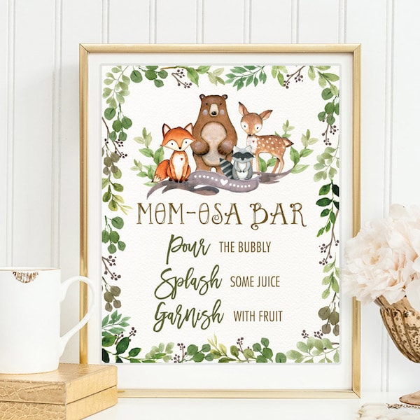 Woodland Animals MIMOSA BAR Sign. Woodland Greenery Baby Shower Momosa Bar Printable Sign. Mumosa Bar Shower Decor. Fox Dear Bear. BOT5