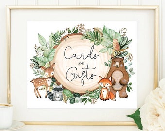 Cards and Gifts Sign. Woodland Baby Shower Decorations. Greenery Forest Wild Animals. Boys 1st Birthday Party Printable Decor. WOOD24