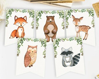 Cute Woodland Animals Printable Banner. Greenery Forest Birthday Baby Shower Decorations. Party Bunting Printable. INSTANT DOWNLOAD. BOT5