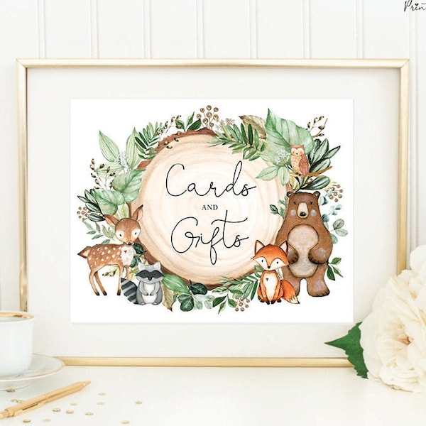 Cards and Gifts Sign. Woodland Baby Shower Decorations. Greenery Forest Wild Animals. Boys 1st Birthday Party Printable Decor. WOOD24