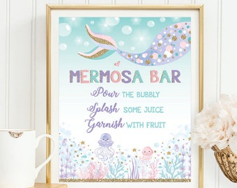 Mermosa Bar Sign. Mermaid Mimosa Bar Sign. Under the Sea Ocean Baby Shower Birthday Party Decoration. Purple Pink Gold Glitter. MER6