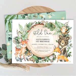 Invitación del primer cumpleaños del bosque arbolado. Invitación imprimible de Greenery Wild One. Lindos animales del bosque PLANTILLA EDITABLE. MADERA27