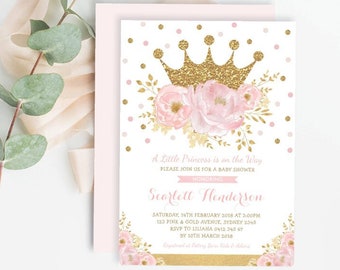 Soft Pink Gold Crown Princess Baby Shower EDITABLE INVITATION Template. Feminine Blush Pink Floral Printable Invitation Download. FLO18I