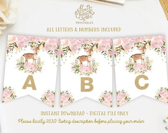 Girl Woodland Deer Birthday Printable Banner. Pink Watercolor Floral Forest Baby Shower Bunting Decorations. ALL LETTERS & NUMBERS. FLO18G