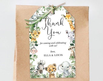 May include: Thank you favour bag with a white tag featuring a jungle animal theme. The tag says "Thank You" for coming and celebrating with us! Love, Ella & Louis.