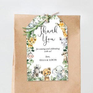 EDITABLE Jungle Favor Tag Template, Safari Baby Shower Gift Tag, Greenery Wild Animals Thank You Label Favors Instant Download JUN13