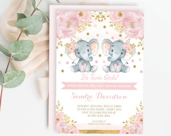 EDITABLE Twin Girls Elephant Baby Shower Invitation. Twins Pink Gold Floral Jungle Elephant Printable Invite Template Download. EL6
