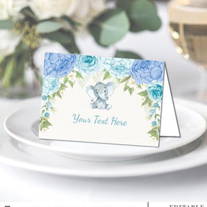 EDITIERBARE Junge Elefanten Essen Zelt Etiketten. Blaue Blumen Tischkarten. Baby Shower Dekorationen. 1. Erster Geburtstag Gefälligkeiten. SOFORTIGER DOWNLOAD. RO6