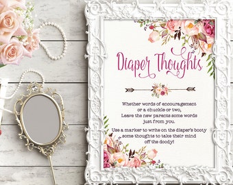 Floral DIAPER THOUGHTS Game. Boho Flowers Baby Shower Game. Printable Download. Write on Diaper Message Game. Words for Wee Hours. FLO7