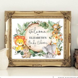 EDITABLE Greenery Safari Baby Shower Welcome Sign. Rustic Jungle Wild Animals Printable Poster Decoration. JUN11