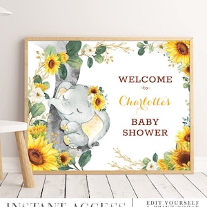 Sonnenblume Elefant Baby Shower Dekoration. Bearbeitbares Willkommensschild. Aquarell Sommer Blumen 1. Geburtstag Druckbare Vorlage Herunterladen. EL12