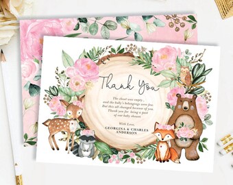 May include: A pink and green thank you card with a floral wreath and woodland animals. The text reads "Thank You" and includes the names Georgina & Charles Anderson. The card is for a baby shower.
