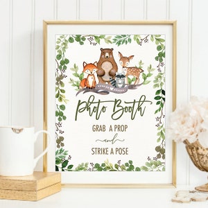 Greenery Woodland Photo Booth Sign. Forest Animals Photo Booth Prop. Baby Shower Decoration. 1st First Birthday Instant Download. BOT5