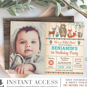 Wild One Woodland Birthday Invitation. Tribal Forest Animals Party Printable Invite. EDITABLE TEMPLATE. Bear Deer Fox Owl Squirrel. TRI2