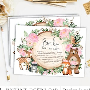 Biglietto stampabile per libri Girly Woodland per neonati. Blush Pink Floral Forest Greenery Simpatici animali selvatici Baby Girl Shower. DOWNLOAD ISTANTANEO. LEGNO25