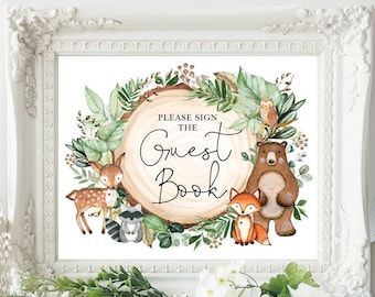 Woodland Animals Guest Book Sign. Botanical Forest Baby Shower Printable Decoration. Greenery Woodland Animals Download. WOOD24