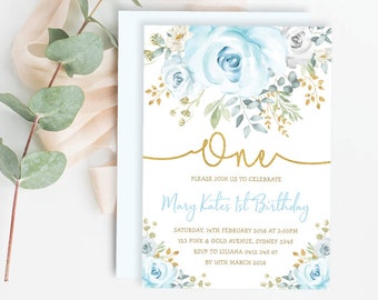 Elegant Dusty Blue Floral 1st First Birthday EDITABLE INVITATION. Pastel Blue Gold Watercolor Flower Party Printable Invite Download. FLO31