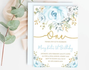 INVITACIÓN EDITABLE DEL Primer Cumpleaños Floral Azul Polvoriento Elegante. Descarga de invitación imprimible para fiesta de flores de acuarela de oro azul pastel. FLO31