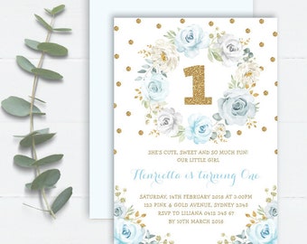 Dusty Blue Watercolor Floral 1st First Birthday EDITABLE INVITATION. Pastel Blue Gold Flower Rose Party Printable Invite Download. FLO31