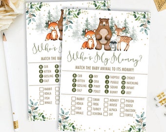 Winter Woodland Baby Shower Game Printable. Who's My Mommy. Greenery Gold Forest Baby Animal Match Game. INSTANT DOWNLOAD. WOOD14