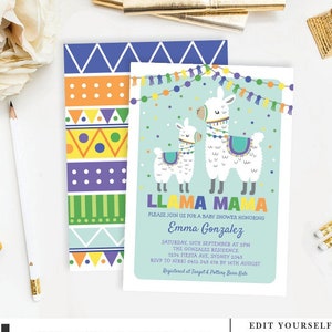 Llama Baby Shower Invitation. Fiesta Llama Mama Baby Boy EDITABLE TEMPLATE. Mint Blue Alpaca Baby Printable Download. Instant Download. ALP4