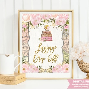 Vintage Map Luggage Drop Off Schild. Reise-Brautparty druckbare. Adventure Wanderlust Blush Pink Blumenschmuck. TRA1
