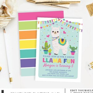 Fiesta Llama Birthday EDITABLE INVITATION. Rainbow Llama Party Invitation Template. Cute Alpaca Printable Invite. INSTANT Download. ALP3 image 1