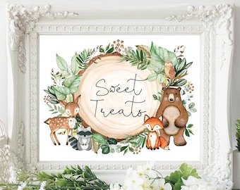 Sweet Treats Printable Sign. Woodland Forest Animals Baby Shower Decoration. Greenery 1st Birthday Favors Party Decor. WOOD24