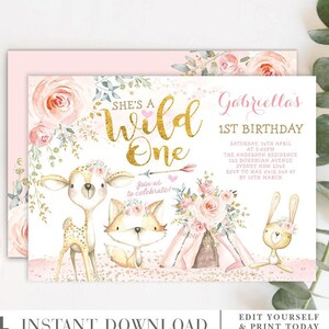 Tribal Boho Woodland 1st Birthday Invitation Template. Girls Wild One ...