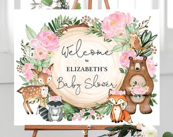 Panneau de bienvenue modifiable Woodland Baby Shower, décoration imprimable d’animaux de la forêt florale rose, verdure bébé fille téléchargement instantané WOOD25