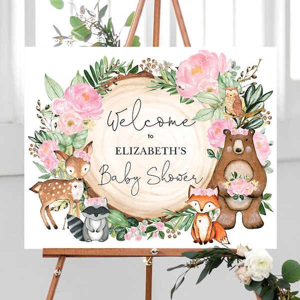 EDITABLE Woodland Baby Shower Welcome Sign, Pink Floral Forest Animals Printable Decoration, Greenery Baby Girl Instant Download WOOD25