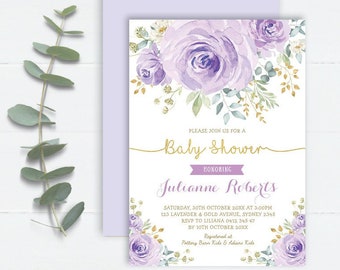 Purple Rose Baby Shower Invitation. Lavender Gold Watercolor Floral EDITABLE TEMPLATE. Pretty Boho Flowers Invite Instant Download. FLO34