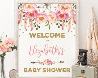 Bohemian Floral Welcome Sign. Boho Baby Shower Printable Sign. Pink Gold Feathers Wall Decor. Photo Booth Props. Shower Decoration FLO12A