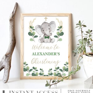 EDITIERBARE Greenery Elefant Taufe Willkommensschild. Dschungeltier Taufe Printable. Kleine Erdnuss Baby Shower Dekoration Download. GR1