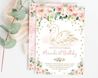EDITABLE Blush Floral Swan Princess Birthday Invitation Template. Pink Gold Swan Party Printable Invite. Watercolor Flowers. SWAN1-B