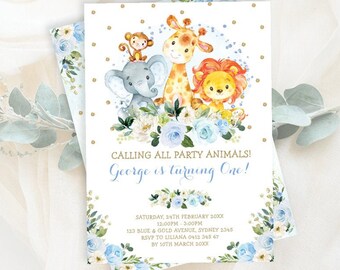 Wild One Jungle Animals 1st Birthday Invitation Template. EDITABLE Safari Printable Invite. Blue and Gold Watercolor Floral. JUN10