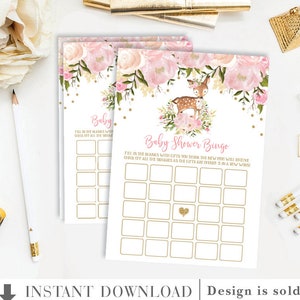 Bingo Deer Baby Shower Game. Woodland Baby Girl Printable Game. Blush Pink Gold Watercolor Floral. FLO18G-DEER