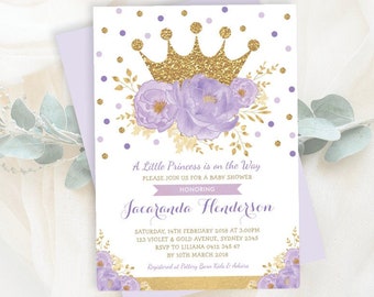 Purple Gold Crown Princess Baby Shower Invitation Template. Lavender Violet Floral Printable Invitation. EDITABLE INVITE. FLO18J